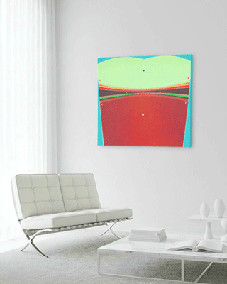 Square abstract painting by Kurt Herrmann featuring broad green and red color fields separated by layered horizontal bands of orange, green, and brown, accented with small colorful dots against a turquoise border.
