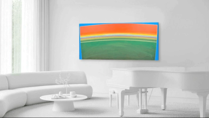 Panoramic abstract landscape painting by Kurt Herrmann featuring sweeping green hills beneath layered bands of vivid red, yellow, blue, and white, creating a luminous horizon that evokes the colors and atmosphere of spring.