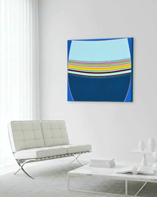Square abstract painting by Kurt Herrmann featuring expansive light blue and deep blue color fields divided by a curved band of layered yellow, pink, green, black, and turquoise stripes that evoke a luminous horizon.