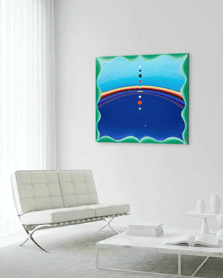 Square abstract painting by Kurt Herrmann featuring turquoise and deep blue color fields separated by a radiant rainbow-like arc, with a vertical alignment of colorful circular forms and scalloped green borders framing the composition.creating an atmospheric sense of movement and light.