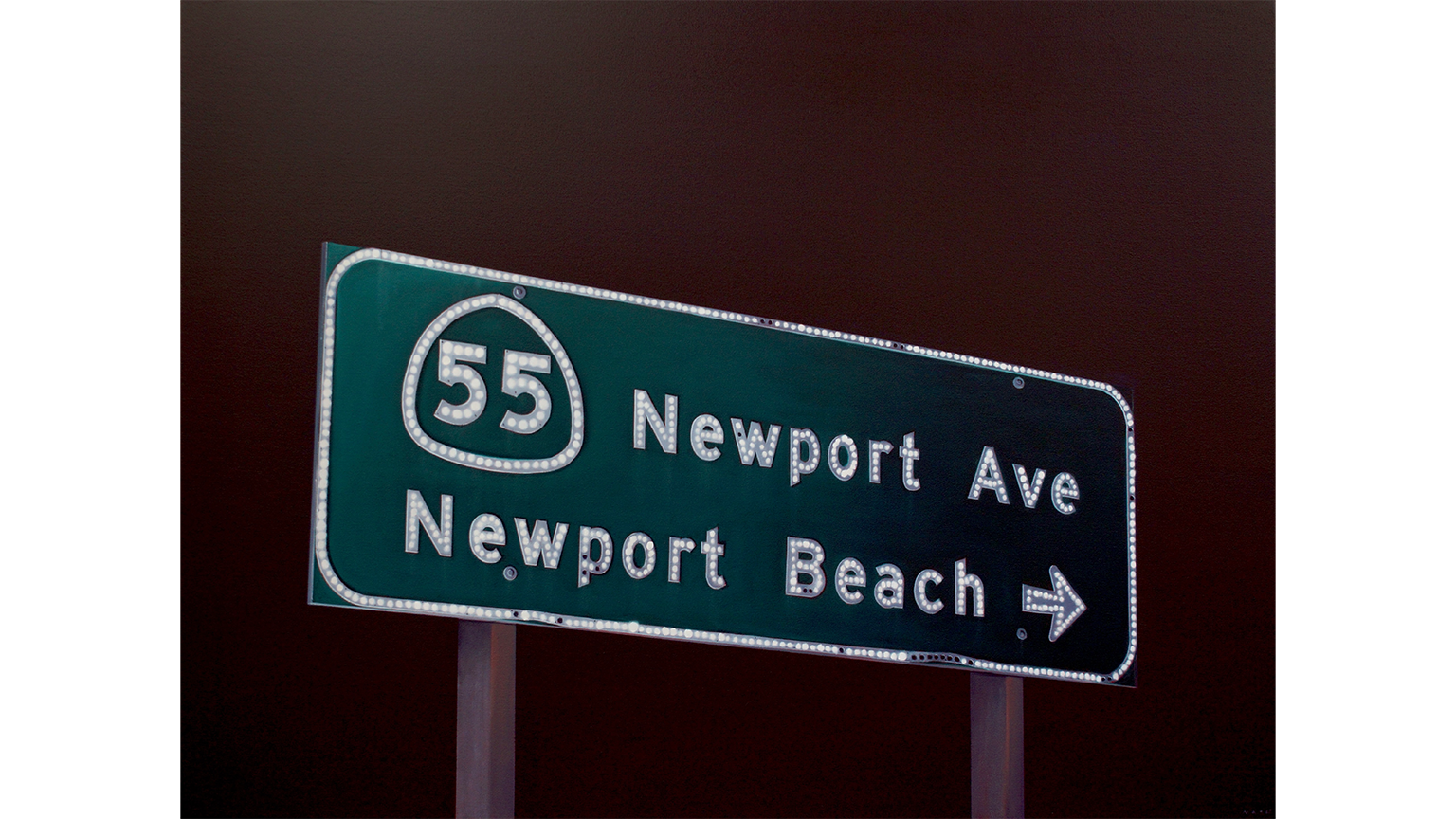 Photorealistic oil painting of an illuminated Newport Avenue and Newport Beach road sign glowing against a dark night sky.