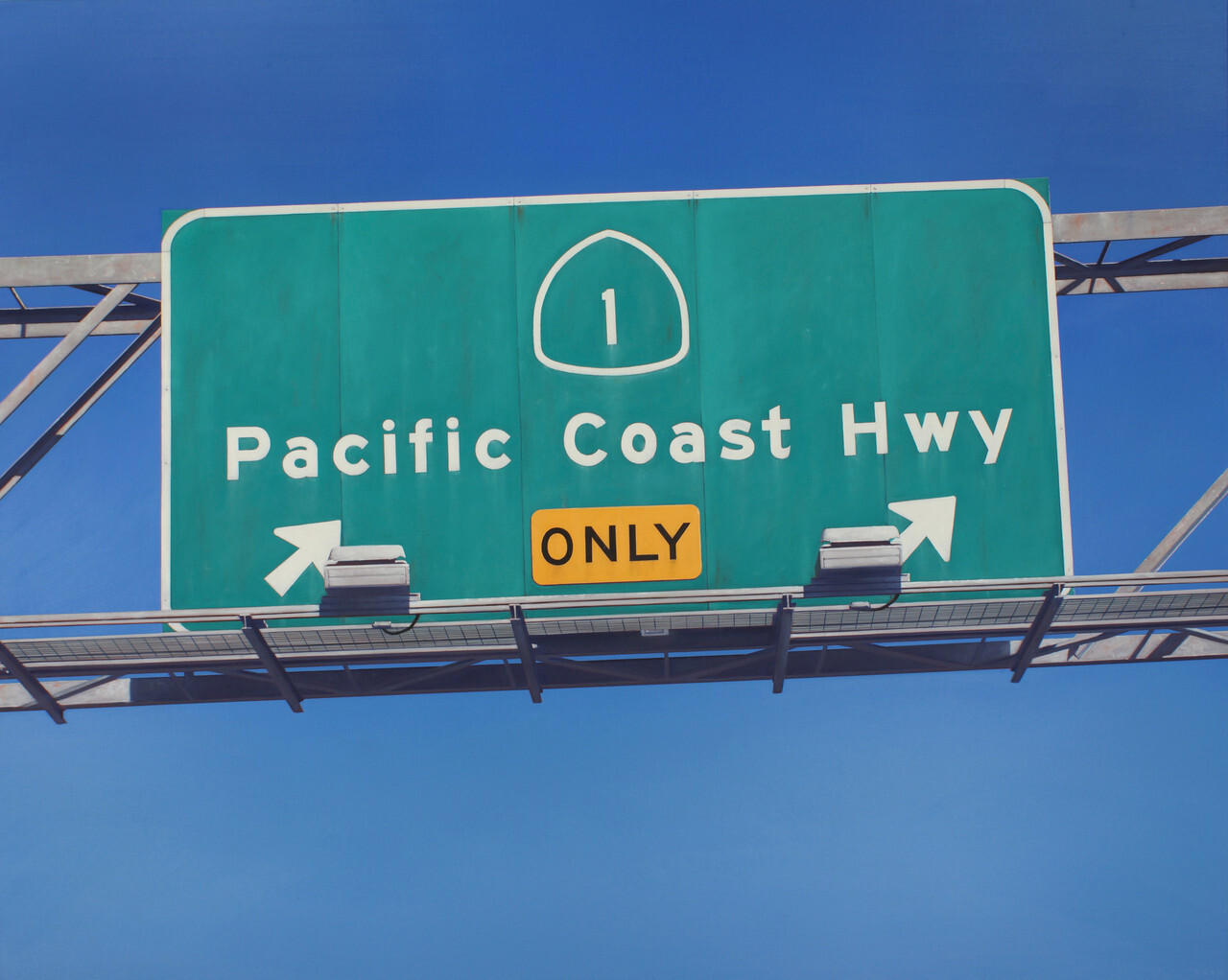 Oil painting by Eric Nash of a green Pacific Coast Highway road sign set against a clear blue sky, rendered in a photorealistic style.
