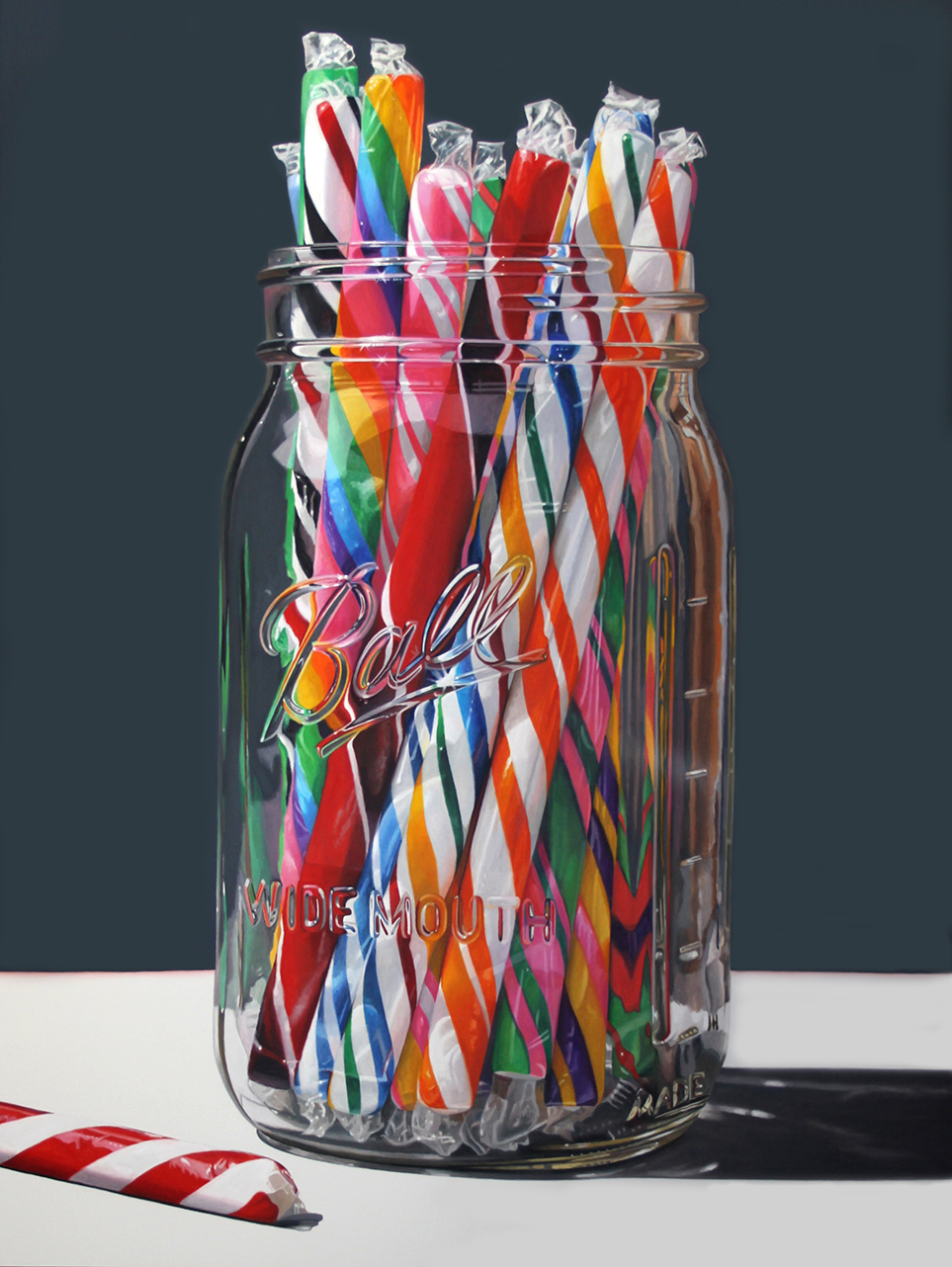 Photorealistic oil painting of multicolored striped candy sticks in a clear Ball mason jar, with one red-and-white candy lying on a white surface.