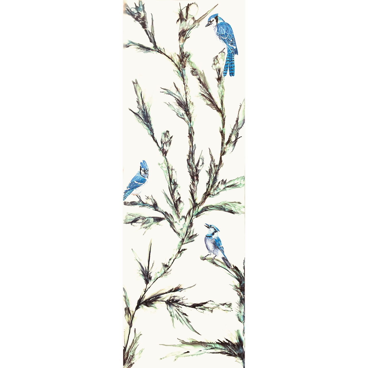 afternoon jays Afternoon Jays by Jennifer Bain is a contemporary bird painting featuring several blue jays perched among expressive botanical forms. Ink and acrylic on clayboard, 72 x 24 inches (73 x 25 inches framed). Original artwork available for $6000.