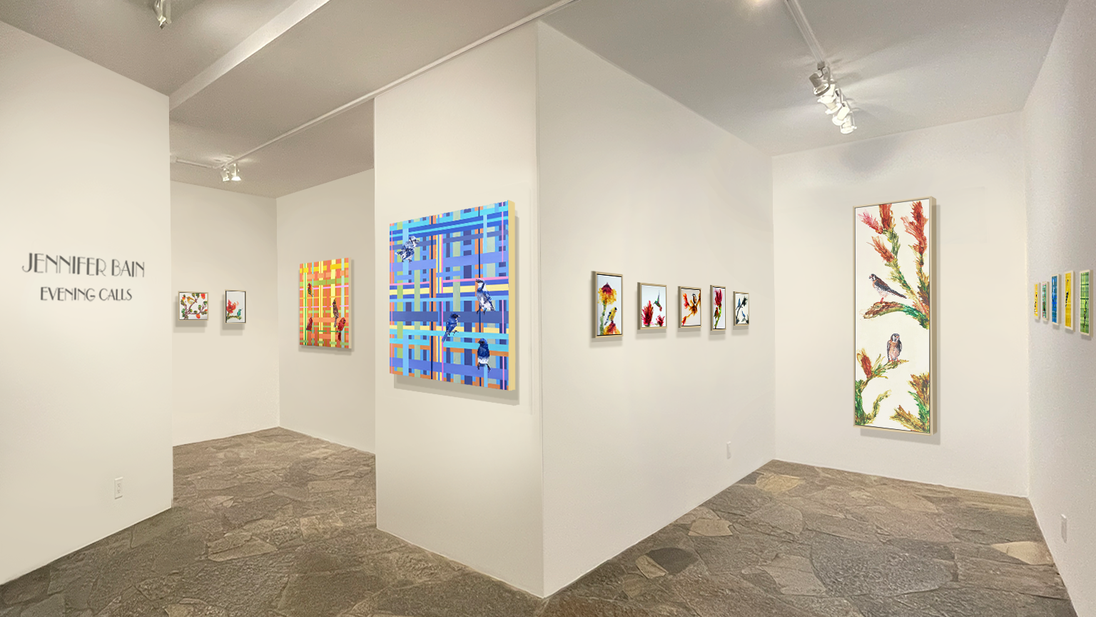 Jennifer Bain: Evening Calls featuring colorful bird paintings displayed on white gallery walls, including large abstract works and smaller framed avian studies arranged around a central partition in a contemporary exhibition space Skidmore Contemporary Art in Laguna Beach, California.