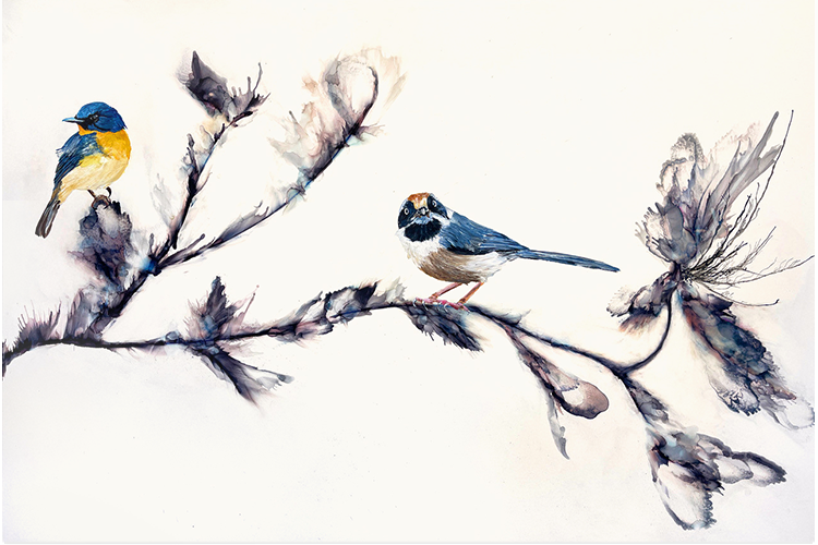 observers Observers by Jennifer Bain is a contemporary bird painting rendered in ink and acrylic on panel, featuring two birds perched within a vivid abstract botanical environment. Ink and acrylic on panel, 24 x 36 inches framed. Original artwork available for $2800.