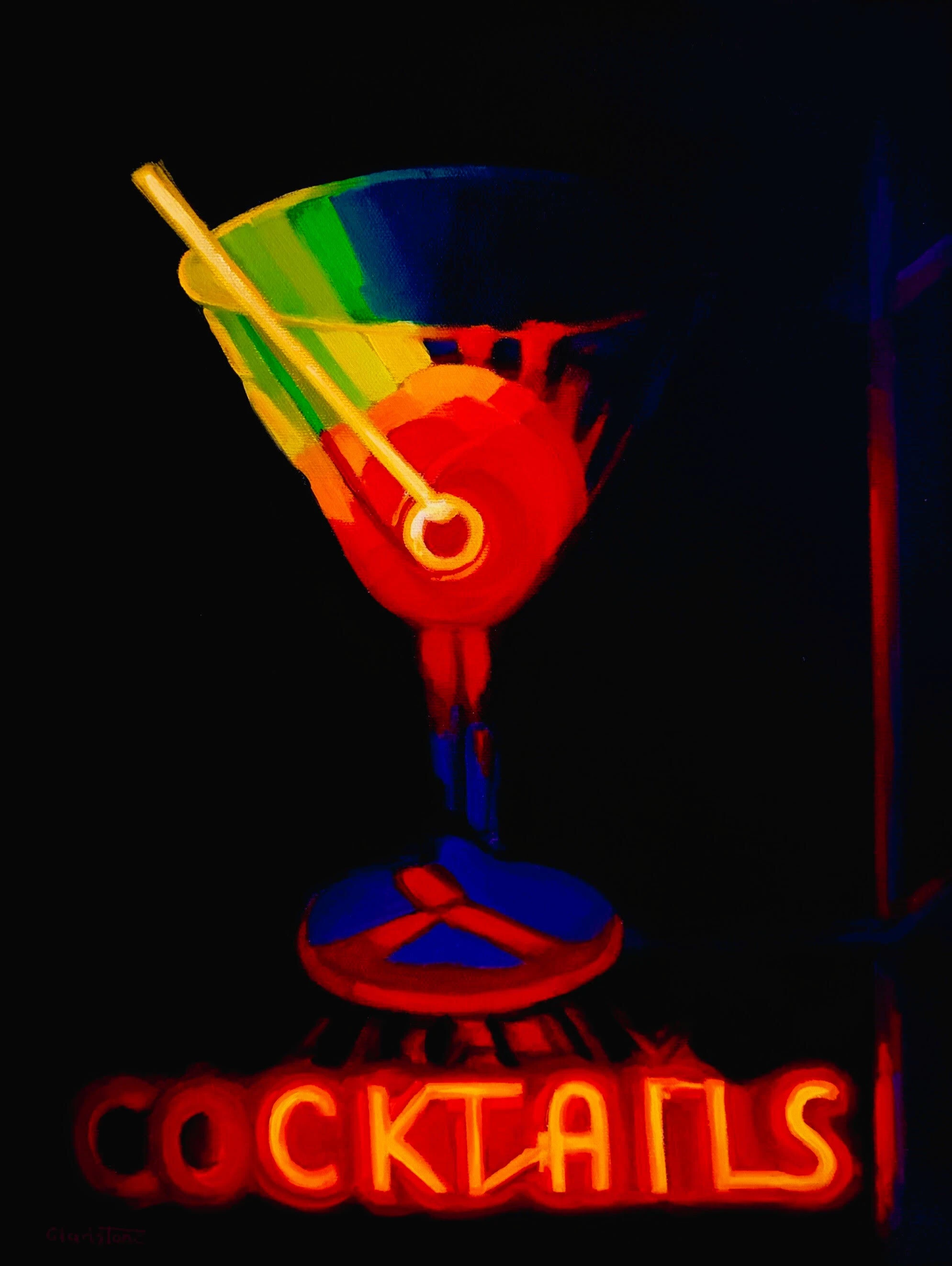 Martini, Joan Gladstone’s Martini, Williams, AZ, Route 66 depicts a glowing vintage cocktail sign emerging from a dark night sky. A luminous martini glass rendered in red, yellow, green, and blue neon-like color hovers above brilliant red-orange “COCKTAILS” lettering, transforming roadside signage into a dramatic study of light and color.