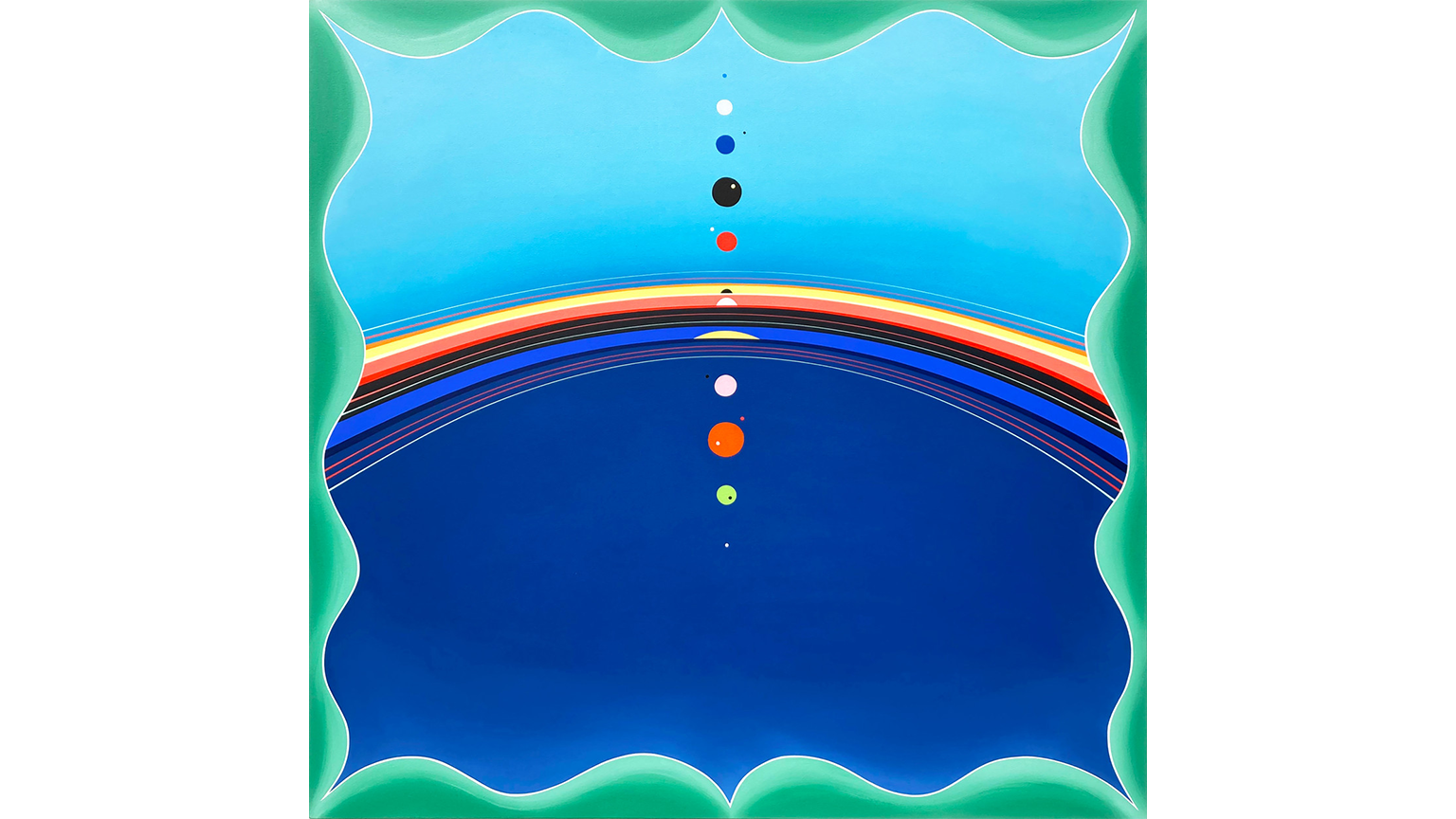 Square abstract painting by Kurt Herrmann featuring turquoise and deep blue color fields separated by a radiant rainbow-like arc, with a vertical alignment of colorful circular forms and scalloped green borders framing the composition.