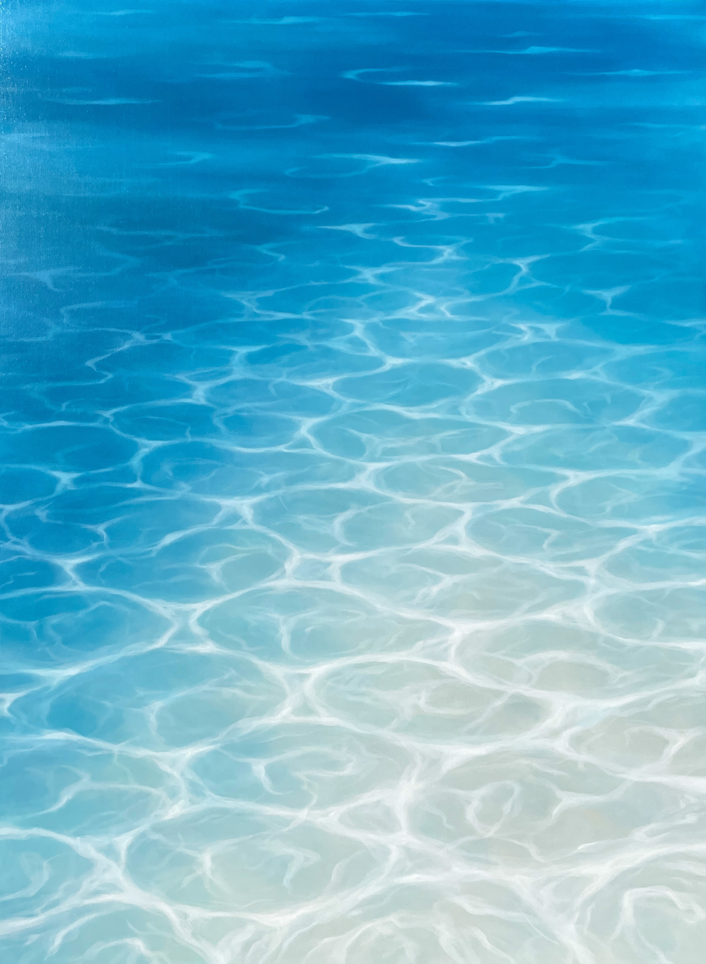 gortner-showstoppers-2025.jpg Evoking the serene clarity of sunlit shallows, this luminous painting captures the mesmerizing interplay of light and water with striking realism. Rendered in a gradient of cerulean to aquamarine, the composition immerses the viewer in a tranquil seascape, where delicate ripples and refracted light dance across the sandy sea floor. The artist’s meticulous attention to the fluid geometry of water recalls elements of Photorealism, yet the overall effect remains meditative and atmospheric, aligning with the minimalist sensibility of contemporary coastal abstraction.