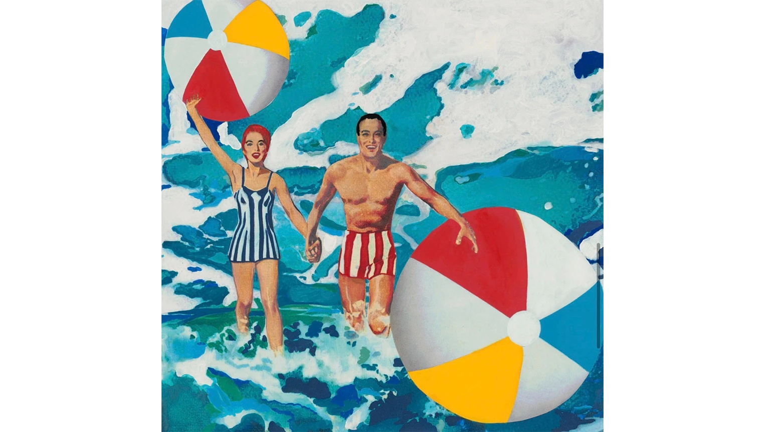 Retro Splash by Laurie Raskin, a mixed-media artwork, combines vintage swimmers, a golfer, classic station wagon, retro signage, and Southern California vacation imagery against turquoise and yellow.