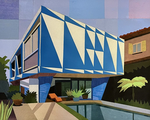Andy Burgess Ruebens de Mendonca House Brazil 2024 limited edition screenprint 15 of 22 geometric modernist house with cantilever and pool