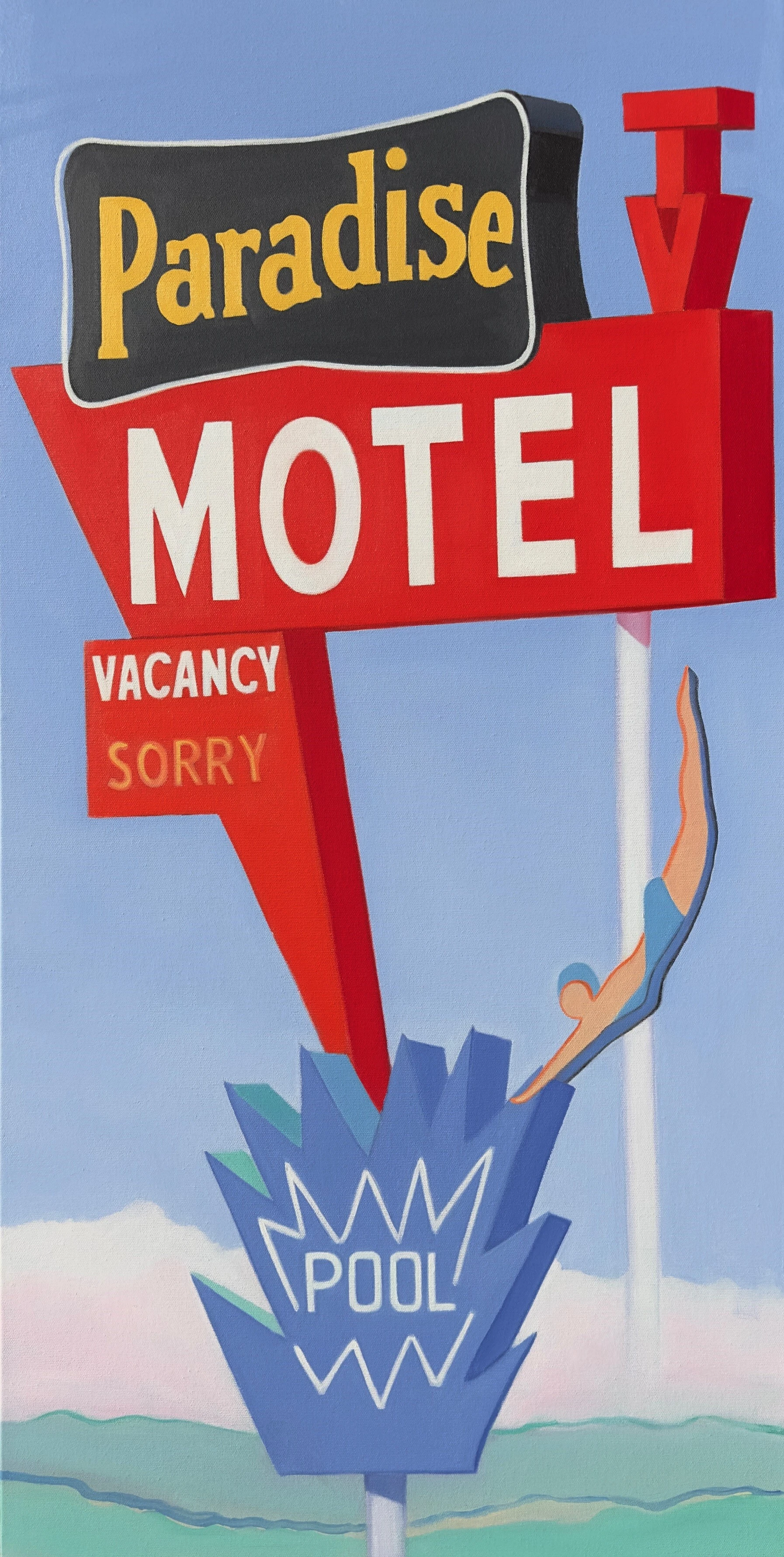 Paradise Motel, Tucumcari, NM, Route 66 Joan Gladstone’s painting depicts the vintage Paradise Motel sign in Tucumcari, New Mexico, with bold red, black, yellow, and blue signage against a pale blue sky. A stylized diving figure and geometric pool sign evoke the playful roadside design of historic Route 66.