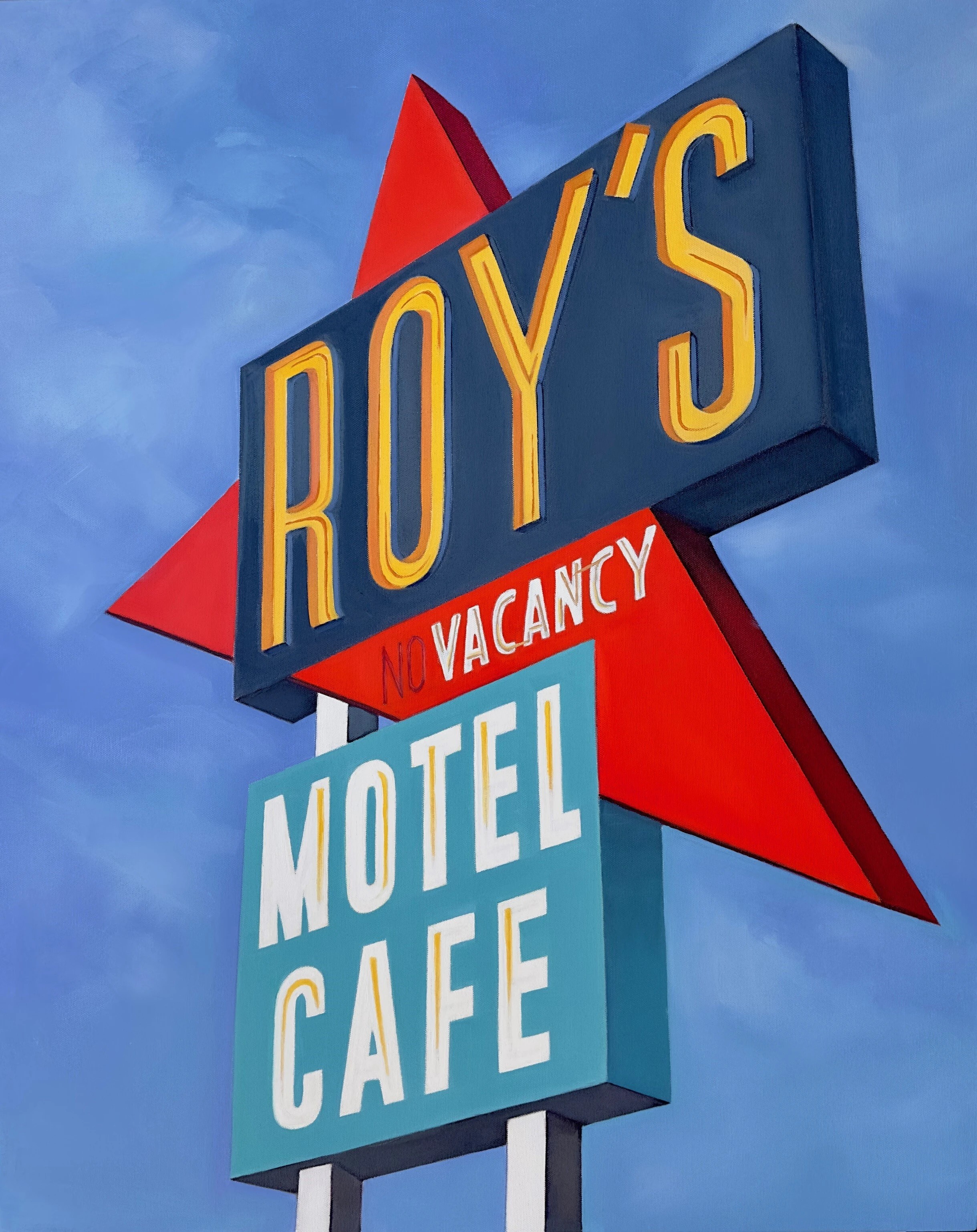 Roy’s, Amboy, CA, Route 66 Joan Gladstone’s painting depicts the iconic Roy’s Motel and Café roadside sign in Amboy, California, with yellow lettering, a dramatic red arrow, and turquoise motel-and-café panel rising against a clear blue desert sky.