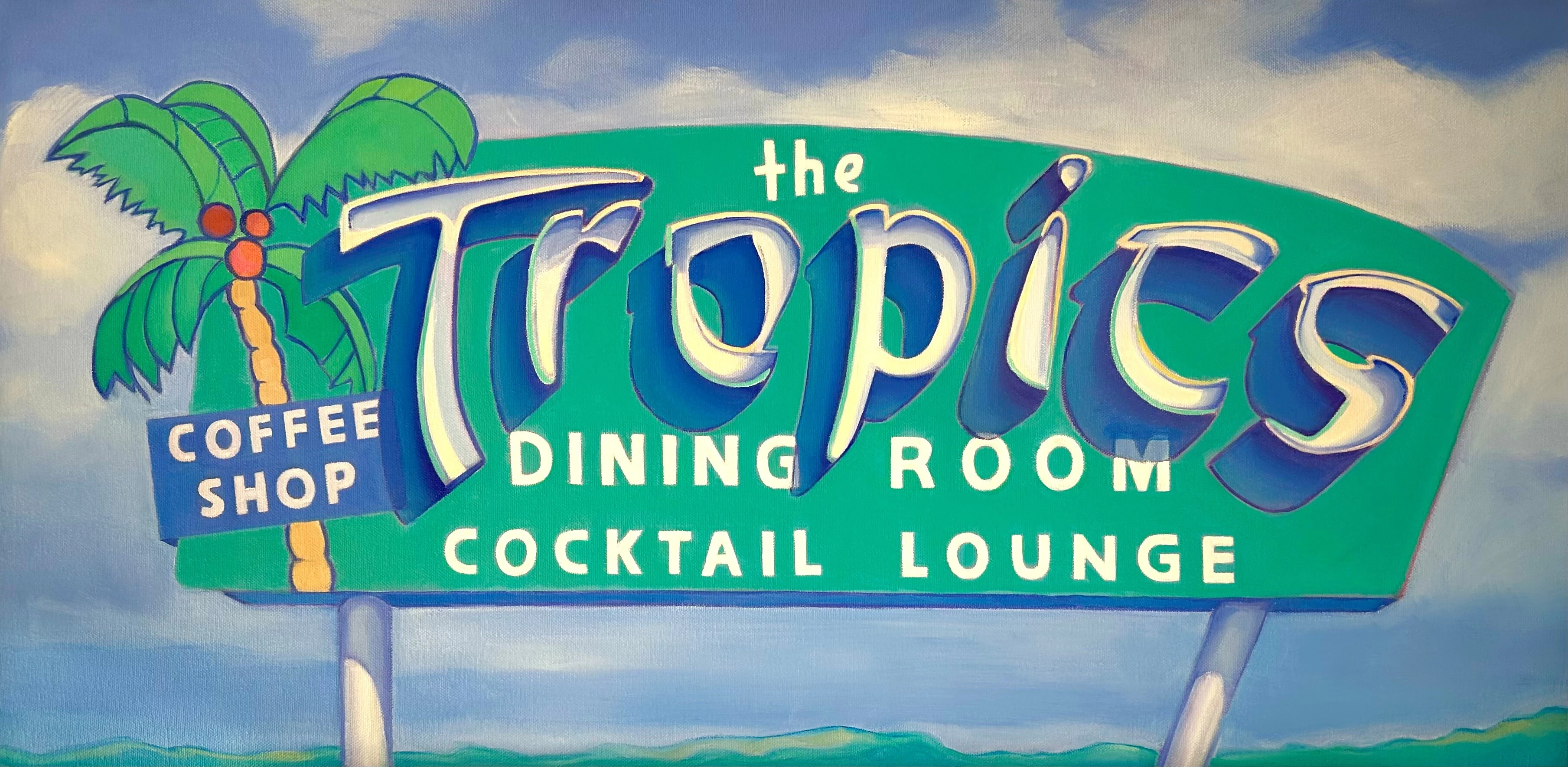 Joan Gladstone’s painting depicts the vintage Tropics restaurant sign in Lincoln, Illinois, featuring a stylized palm tree and bold dimensional lettering advertising a coffee shop, dining room, and cocktail lounge against a cloud-filled blue sky. Bounce Of Summer by Laurie Raskin is a 39.5 x 49-inch mixed-media artwork featuring vintage beachgoers and colorful beach balls in a playful Pop Art composition.