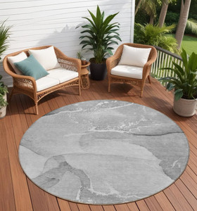 8' Round Gray and Ivory Round Abstract Washable Non Skid Indoor Outdoor Area Rug N270-560261