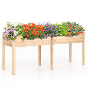 Fir Wood Outdoor Raised Garden Bed with Divider Panel and Drainage Holes-Natural - Color: Natural D681-GT4278NA