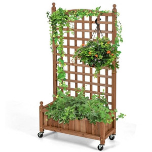 Outdoor Solid Wood Raised Garden Bed Mobile Planter Box with Trellis on Wheels Q280-FWPBTMRG8925814796