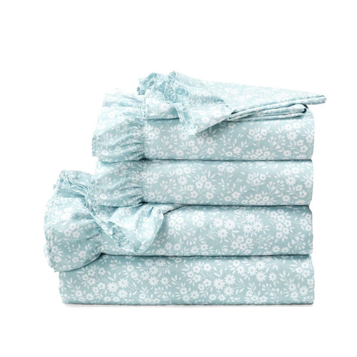 Queen Size Polyester Blue Ruffle Floral 6 Piece Sheet Set Q280-QUBLLD54677