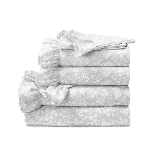 Queen size Grey Ruffle Floral Polyester 6 Piece Sheet Set Q280-GFLT65442