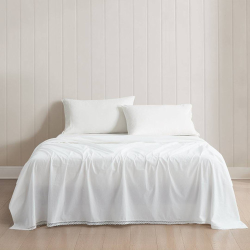 Queen Size 4 Piece 100-Percent Cotton Sheet Set in White with Lace Trim Q280-QNEVL1098