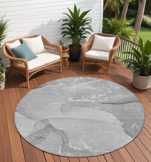 8' Round Gray and Ivory Round Abstract Washable Non Skid Indoor Outdoor Area Rug N270-560261