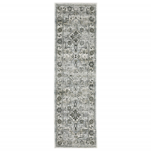 2' X 8' Ivory Grey Charcoal Blue And Taupe Oriental Power Loom Stain Resistant Runner Rug N270-508922