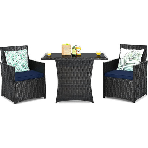 3-Piece Patio Furniture Outdoor Dining Set Brown PE Rattan Navy Blue Cushions Q280-BLMBTPDS198974721