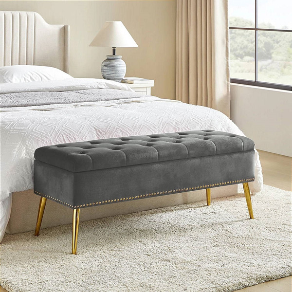 Mid-Century Modern End of Bed Storage Bench with Gray Velvet Seat and Gold Legs Q280-GRKUFSB149236851