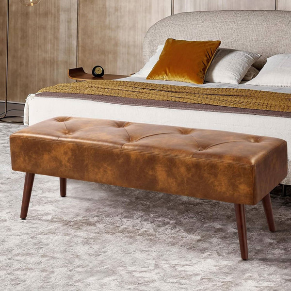 Mid-Century End of Bed Bench with Brown Leather Upholstered Seat Solid Wood Legs Q280-FLYBS792583641