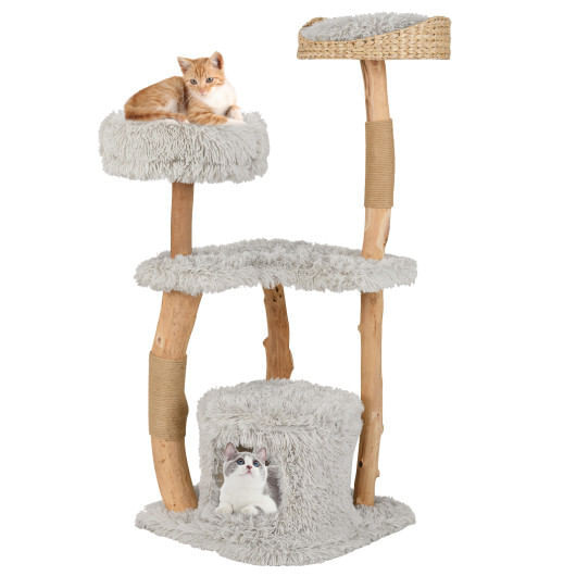 Solid Wood Cat Tower with Top Cattail Basket Cat Bed-Gray - Color: Gray D681-PV10101GR