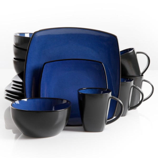 Gibson Soho Lounge 16 Piece Square Stoneware Dinnerware Set in Blue and Black D970-68632.16