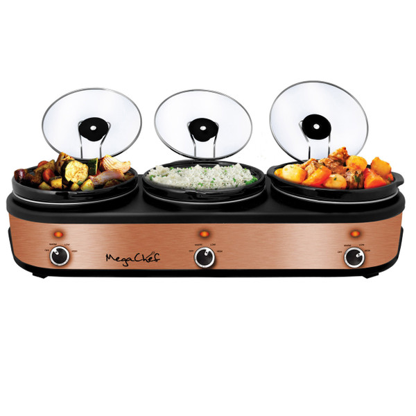 MegaChef Triple 2.5 Quart Slow Cooker and Buffet Server in Brushed Copper and Black Finish with 3 C D970-MC-1210