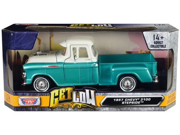 1957 Chevrolet 3100 Stepside Pickup Truck Lowrider Turquoise Metallic and White with White Interior F977-79032tur
