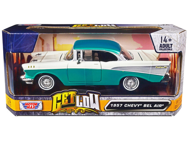 1957 Chevrolet Bel Air Lowrider Turquoise Metallic and White "Get Low" Series 1/24 Diecast Model Ca F977-79029TQ