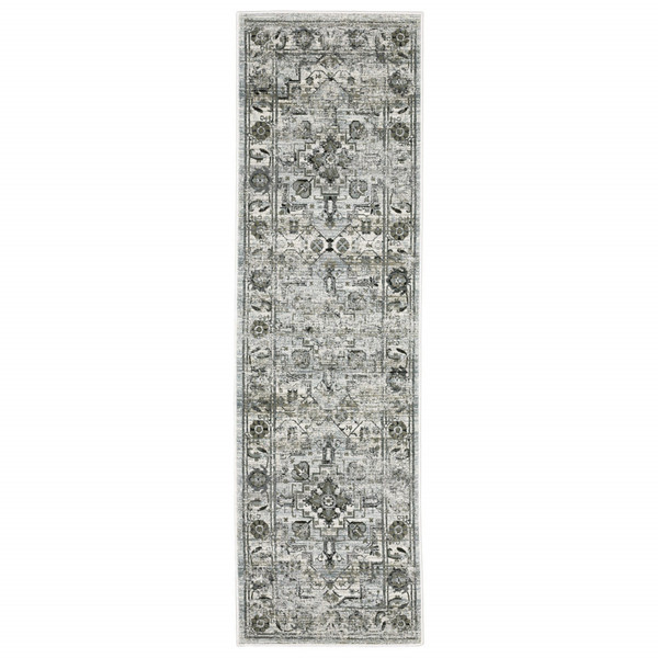 2' X 8' Ivory Grey Charcoal Blue And Taupe Oriental Power Loom Stain Resistant Runner Rug N270-508922