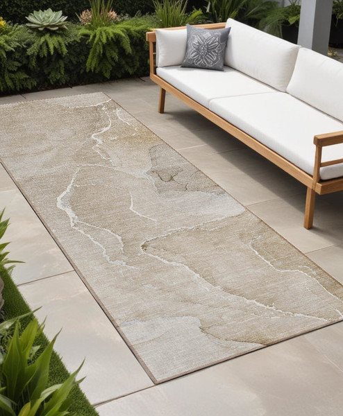 8' Runner Beige Abstract Washable Non Skid Indoor Outdoor Runner Rug N270-559912