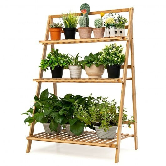 3-Tier Bamboo Foldable Plant Stand with Display Shelf Rack-Natural - Color: Natural D681-HZ10037NA
