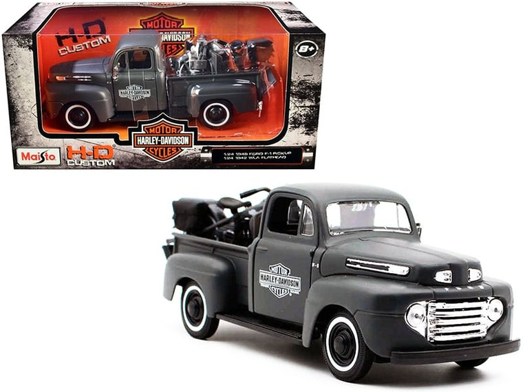 1948 Ford F-1 Pickup Truck and 1942 Harley-Davidson WLA Flathead Motorcycle Matt Dark Gray "Harley- F977-32185gry