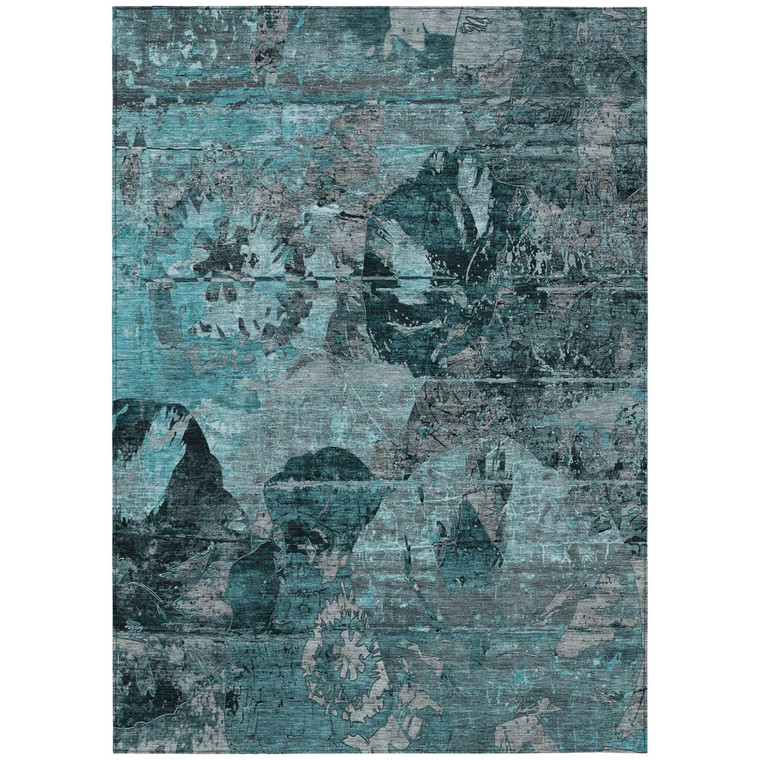 3' X 5' Teal and Gray Floral Washable Non Skid Indoor Outdoor Area Rug N270-562797
