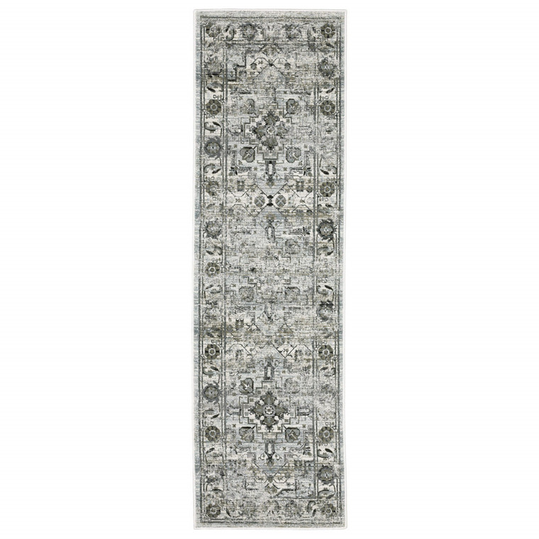 2' X 8' Ivory Grey Charcoal Blue And Taupe Oriental Power Loom Stain Resistant Runner Rug N270-508922