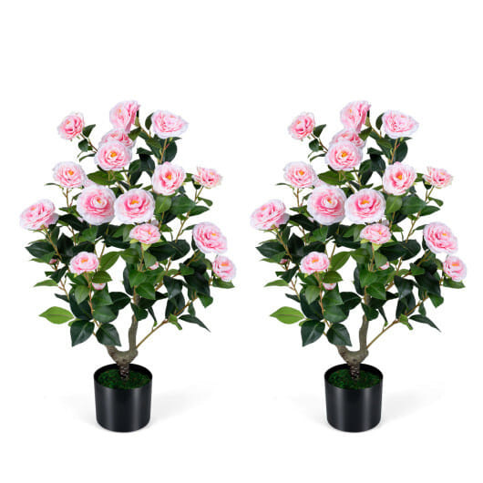 2-Pack Artificial Camellia Tree Faux Flower Plant in Cement-Filled Pot-White B593-HZ10497-2