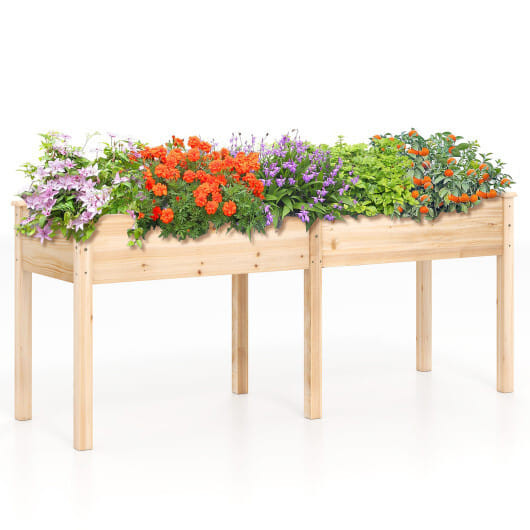 Fir Wood Outdoor Raised Garden Bed with Divider Panel and Drainage Holes-Natural - Color: Natural D681-GT4278NA