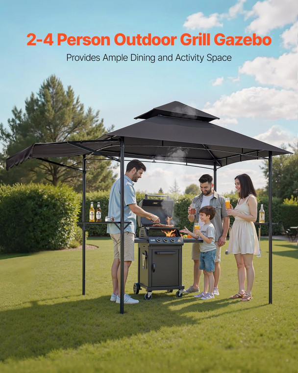 Grill Gazebo, 8 x 5 ft Double-Tiered Top, BBQ Gazebo with Extra Awning, Powder-Coated Steel Patio G E415-TZSKLT85FTHJA79H8001V0