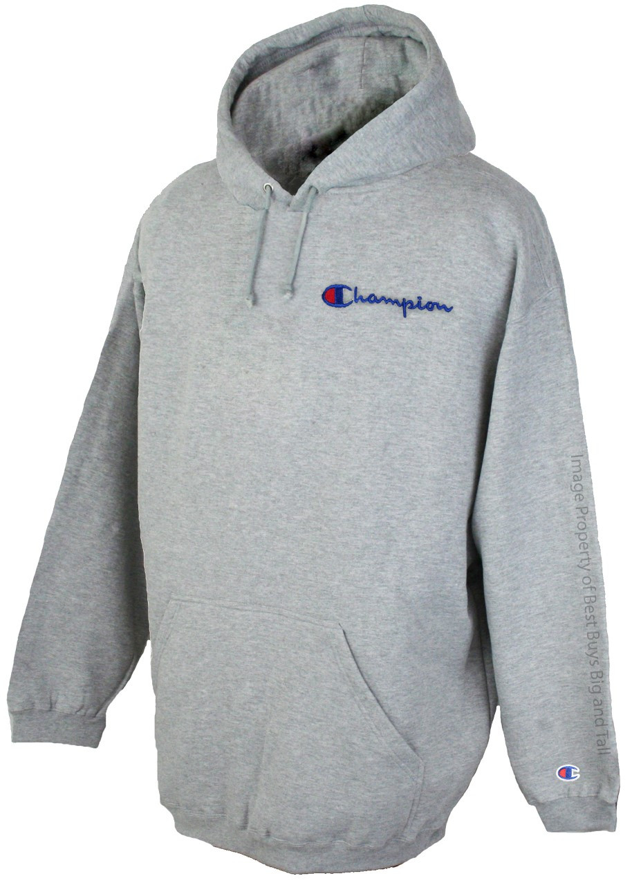 Champion and tall men's Heather Gray Pullover chest logo.