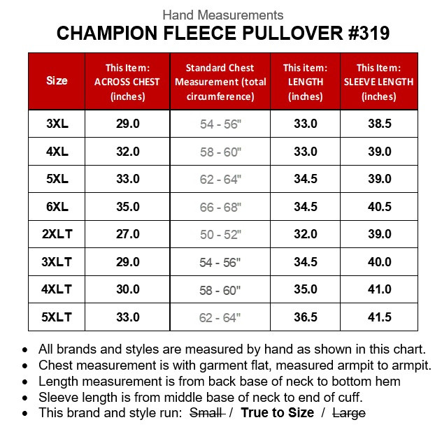 champion sweatshirt size chart