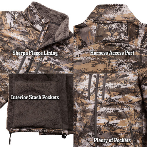 Thick Sherpa Fleece Lining, Safety Harness Access Port, Interior Stash Pockets, 2 Chest Zipper Pockets, 2 Side Zipper Pockets
