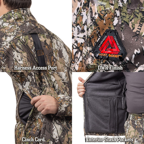 Late season hunting jacket with harness access port and DWR finish.