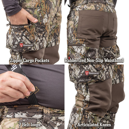 Hunting pants with rubberized waist band, articulated knees, and zip cargo pockets