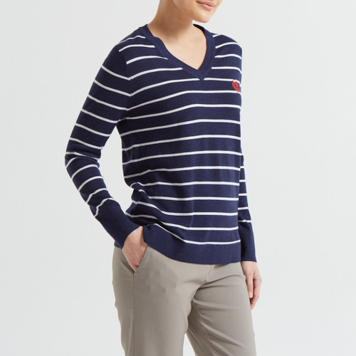 MCC V Neck Jumper Womens Navy Stripe