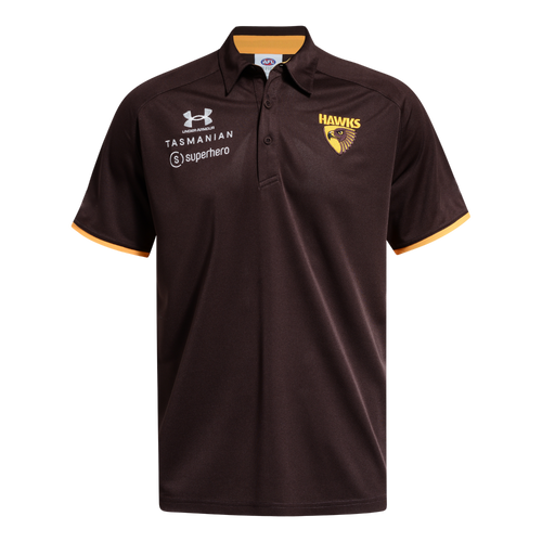 Hawthorn 2026 Under Armour Mens Brown & Gold Media Polo